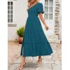 imageZESICA Womens Boho Summer One Shoulder Short Sleeve Smocked Side Split Ruffle Swing Midi DressTeal