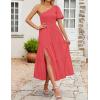 imageZESICA Womens Boho Summer One Shoulder Short Sleeve Smocked Side Split Ruffle Swing Midi DressWatermelon