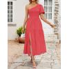 imageZESICA Womens Boho Summer One Shoulder Short Sleeve Smocked Side Split Ruffle Swing Midi DressWatermelon