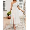 imageZESICA Womens Boho Summer One Shoulder Short Sleeve Smocked Side Split Ruffle Swing Midi DressWhite
