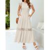 imageZESICA Womens Casual Crew Neck Flutter Sleeve Smocked High Waist Hollow Out Lace Trim Tiered A Line Midi DressApricot