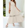 imageZESICA Womens Casual Crew Neck Flutter Sleeve Smocked High Waist Hollow Out Lace Trim Tiered A Line Midi DressApricot