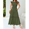 imageZESICA Womens Casual Crew Neck Flutter Sleeve Smocked High Waist Hollow Out Lace Trim Tiered A Line Midi DressArmygreen