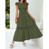 imageZESICA Womens Casual Crew Neck Flutter Sleeve Smocked High Waist Hollow Out Lace Trim Tiered A Line Midi DressArmygreen
