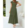 imageZESICA Womens Casual Crew Neck Flutter Sleeve Smocked High Waist Hollow Out Lace Trim Tiered A Line Midi DressArmygreen