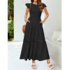 imageZESICA Womens Casual Crew Neck Flutter Sleeve Smocked High Waist Hollow Out Lace Trim Tiered A Line Midi DressBlack