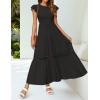 imageZESICA Womens Casual Crew Neck Flutter Sleeve Smocked High Waist Hollow Out Lace Trim Tiered A Line Midi DressBlack