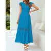 imageZESICA Womens Casual Crew Neck Flutter Sleeve Smocked High Waist Hollow Out Lace Trim Tiered A Line Midi DressCobaltblue