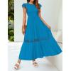 imageZESICA Womens Casual Crew Neck Flutter Sleeve Smocked High Waist Hollow Out Lace Trim Tiered A Line Midi DressCobaltblue