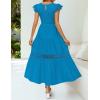 imageZESICA Womens Casual Crew Neck Flutter Sleeve Smocked High Waist Hollow Out Lace Trim Tiered A Line Midi DressCobaltblue