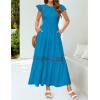 imageZESICA Womens Casual Crew Neck Flutter Sleeve Smocked High Waist Hollow Out Lace Trim Tiered A Line Midi DressCobaltblue