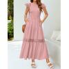 imageZESICA Womens Casual Crew Neck Flutter Sleeve Smocked High Waist Hollow Out Lace Trim Tiered A Line Midi DressDarkpink