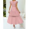 imageZESICA Womens Casual Crew Neck Flutter Sleeve Smocked High Waist Hollow Out Lace Trim Tiered A Line Midi DressDarkpink