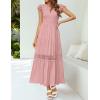 imageZESICA Womens Casual Crew Neck Flutter Sleeve Smocked High Waist Hollow Out Lace Trim Tiered A Line Midi DressDarkpink