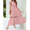 imageZESICA Womens Casual Crew Neck Flutter Sleeve Smocked High Waist Hollow Out Lace Trim Tiered A Line Midi DressDarkpink