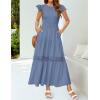 imageZESICA Womens Casual Crew Neck Flutter Sleeve Smocked High Waist Hollow Out Lace Trim Tiered A Line Midi DressDustyblue