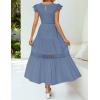 imageZESICA Womens Casual Crew Neck Flutter Sleeve Smocked High Waist Hollow Out Lace Trim Tiered A Line Midi DressDustyblue
