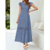 imageZESICA Womens Casual Crew Neck Flutter Sleeve Smocked High Waist Hollow Out Lace Trim Tiered A Line Midi DressDustyblue