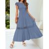 imageZESICA Womens Casual Crew Neck Flutter Sleeve Smocked High Waist Hollow Out Lace Trim Tiered A Line Midi DressDustyblue