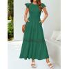 imageZESICA Womens Casual Crew Neck Flutter Sleeve Smocked High Waist Hollow Out Lace Trim Tiered A Line Midi DressForestgreen