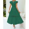 imageZESICA Womens Casual Crew Neck Flutter Sleeve Smocked High Waist Hollow Out Lace Trim Tiered A Line Midi DressForestgreen