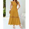 imageZESICA Womens Casual Crew Neck Flutter Sleeve Smocked High Waist Hollow Out Lace Trim Tiered A Line Midi DressGinger