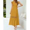imageZESICA Womens Casual Crew Neck Flutter Sleeve Smocked High Waist Hollow Out Lace Trim Tiered A Line Midi DressGinger