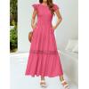 imageZESICA Womens Casual Crew Neck Flutter Sleeve Smocked High Waist Hollow Out Lace Trim Tiered A Line Midi DressHotpink