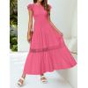 imageZESICA Womens Casual Crew Neck Flutter Sleeve Smocked High Waist Hollow Out Lace Trim Tiered A Line Midi DressHotpink