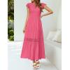 imageZESICA Womens Casual Crew Neck Flutter Sleeve Smocked High Waist Hollow Out Lace Trim Tiered A Line Midi DressHotpink