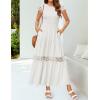 imageZESICA Womens Casual Crew Neck Flutter Sleeve Smocked High Waist Hollow Out Lace Trim Tiered A Line Midi DressIvory