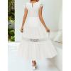 imageZESICA Womens Casual Crew Neck Flutter Sleeve Smocked High Waist Hollow Out Lace Trim Tiered A Line Midi DressIvory
