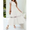 imageZESICA Womens Casual Crew Neck Flutter Sleeve Smocked High Waist Hollow Out Lace Trim Tiered A Line Midi DressIvory
