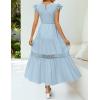 imageZESICA Womens Casual Crew Neck Flutter Sleeve Smocked High Waist Hollow Out Lace Trim Tiered A Line Midi DressLightblue