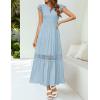 imageZESICA Womens Casual Crew Neck Flutter Sleeve Smocked High Waist Hollow Out Lace Trim Tiered A Line Midi DressLightblue
