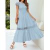 imageZESICA Womens Casual Crew Neck Flutter Sleeve Smocked High Waist Hollow Out Lace Trim Tiered A Line Midi DressLightblue