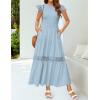 imageZESICA Womens Casual Crew Neck Flutter Sleeve Smocked High Waist Hollow Out Lace Trim Tiered A Line Midi DressLightblue