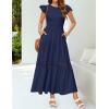 imageZESICA Womens Casual Crew Neck Flutter Sleeve Smocked High Waist Hollow Out Lace Trim Tiered A Line Midi DressNavy