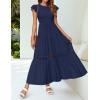 imageZESICA Womens Casual Crew Neck Flutter Sleeve Smocked High Waist Hollow Out Lace Trim Tiered A Line Midi DressNavy