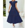 imageZESICA Womens Casual Crew Neck Flutter Sleeve Smocked High Waist Hollow Out Lace Trim Tiered A Line Midi DressNavy