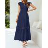 imageZESICA Womens Casual Crew Neck Flutter Sleeve Smocked High Waist Hollow Out Lace Trim Tiered A Line Midi DressNavy