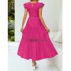 imageZESICA Womens Casual Crew Neck Flutter Sleeve Smocked High Waist Hollow Out Lace Trim Tiered A Line Midi DressRose