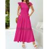 imageZESICA Womens Casual Crew Neck Flutter Sleeve Smocked High Waist Hollow Out Lace Trim Tiered A Line Midi DressRose