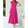 imageZESICA Womens Casual Crew Neck Flutter Sleeve Smocked High Waist Hollow Out Lace Trim Tiered A Line Midi DressRose