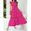 imageZESICA Womens Casual Crew Neck Flutter Sleeve Smocked High Waist Hollow Out Lace Trim Tiered A Line Midi DressRose