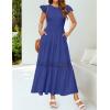 imageZESICA Womens Casual Crew Neck Flutter Sleeve Smocked High Waist Hollow Out Lace Trim Tiered A Line Midi DressRoyalblue