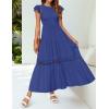 imageZESICA Womens Casual Crew Neck Flutter Sleeve Smocked High Waist Hollow Out Lace Trim Tiered A Line Midi DressRoyalblue
