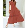 imageZESICA Womens Casual Crew Neck Flutter Sleeve Smocked High Waist Hollow Out Lace Trim Tiered A Line Midi DressRust