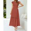 imageZESICA Womens Casual Crew Neck Flutter Sleeve Smocked High Waist Hollow Out Lace Trim Tiered A Line Midi DressRust