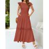 imageZESICA Womens Casual Crew Neck Flutter Sleeve Smocked High Waist Hollow Out Lace Trim Tiered A Line Midi DressRust